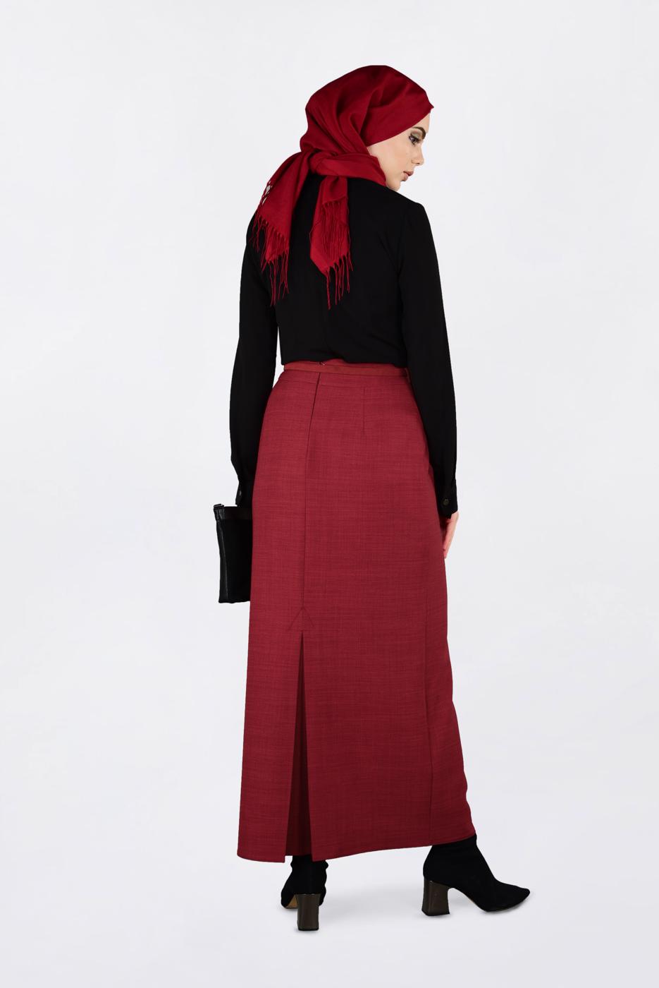 Tesettür giyim KIRMIZI KEMERLİ KALEM ETEK 6250