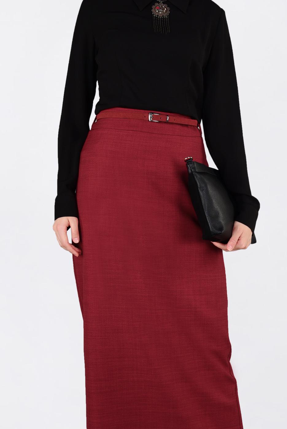 Tesettür giyim KIRMIZI KEMERLİ KALEM ETEK 6250