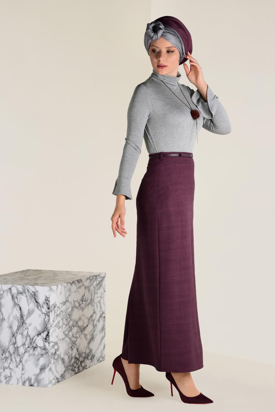Tesettür giyim MÜRDÜM KEMERLİ KALEM ETEK 6250