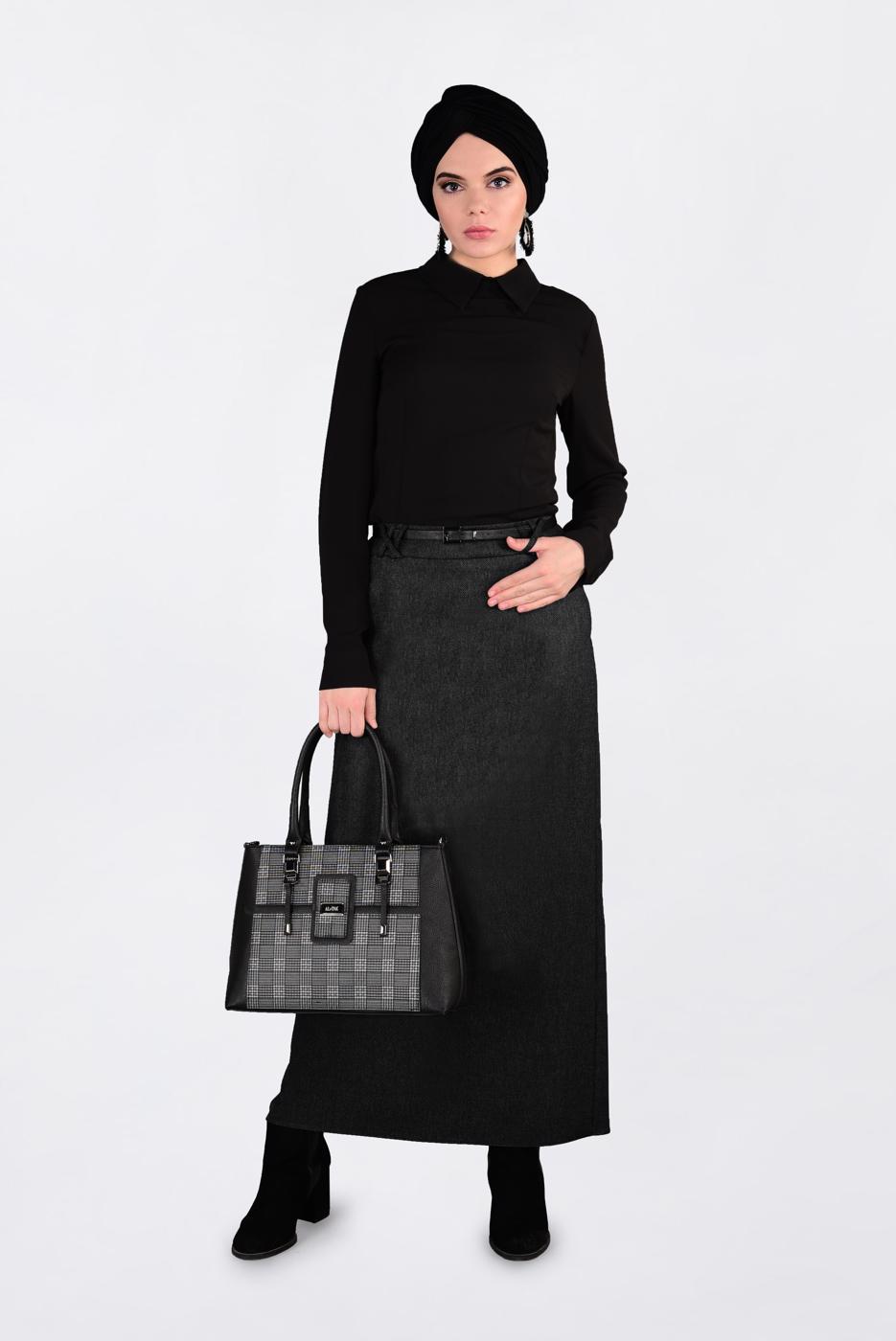 Tesettür giyim SİYAH KEMERLİ GİZLİ YIRTMAÇLI ETEK 6255 