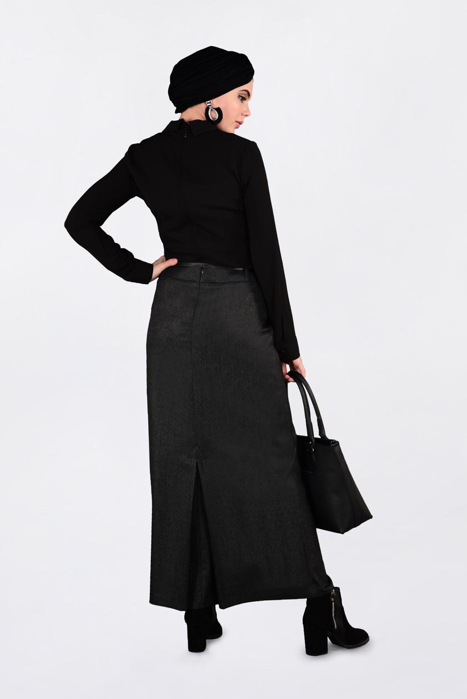 Tesettür giyim SİYAH KEMERLİ GİZLİ YIRTMAÇLI ETEK 6255 