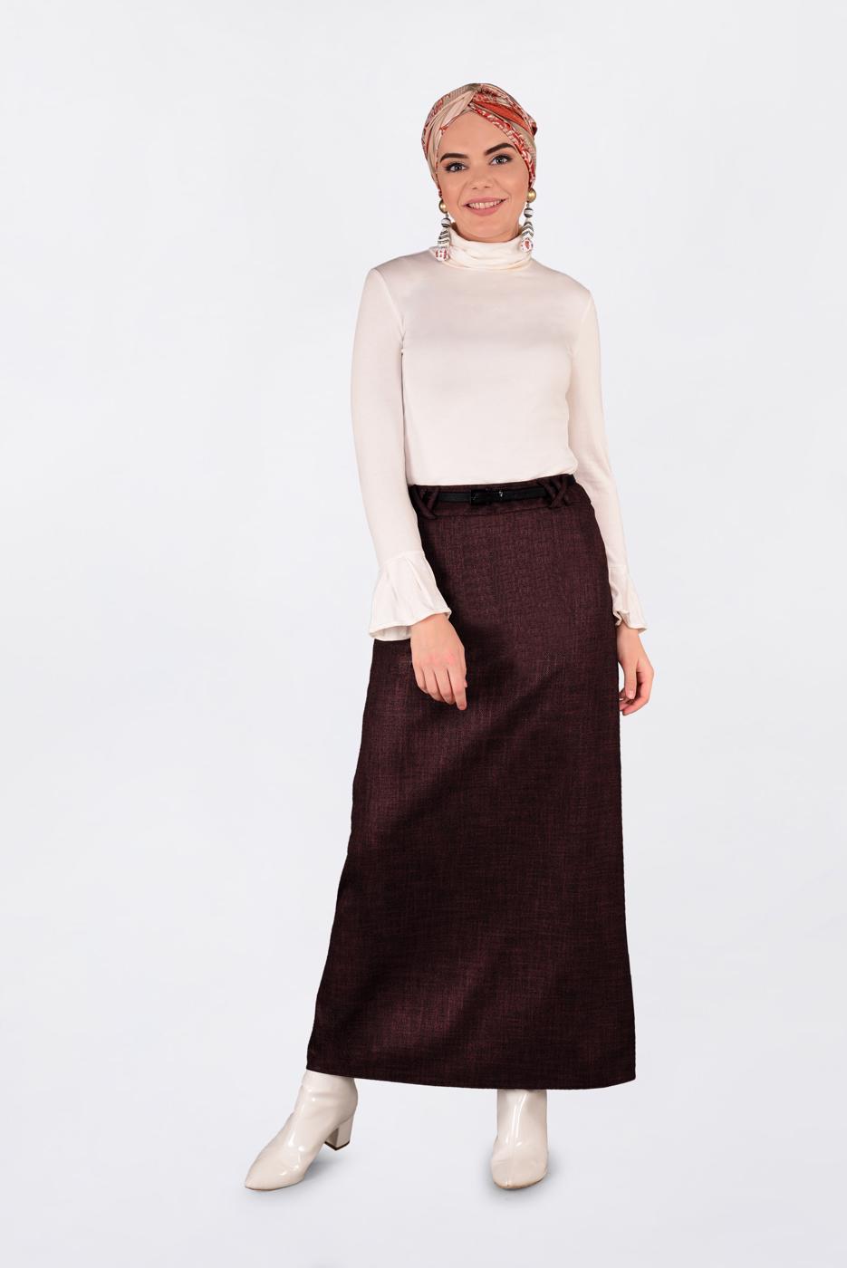 Tesettür giyim BORDO KEMERLİ GİZLİ YIRTMAÇLI ETEK 6255 