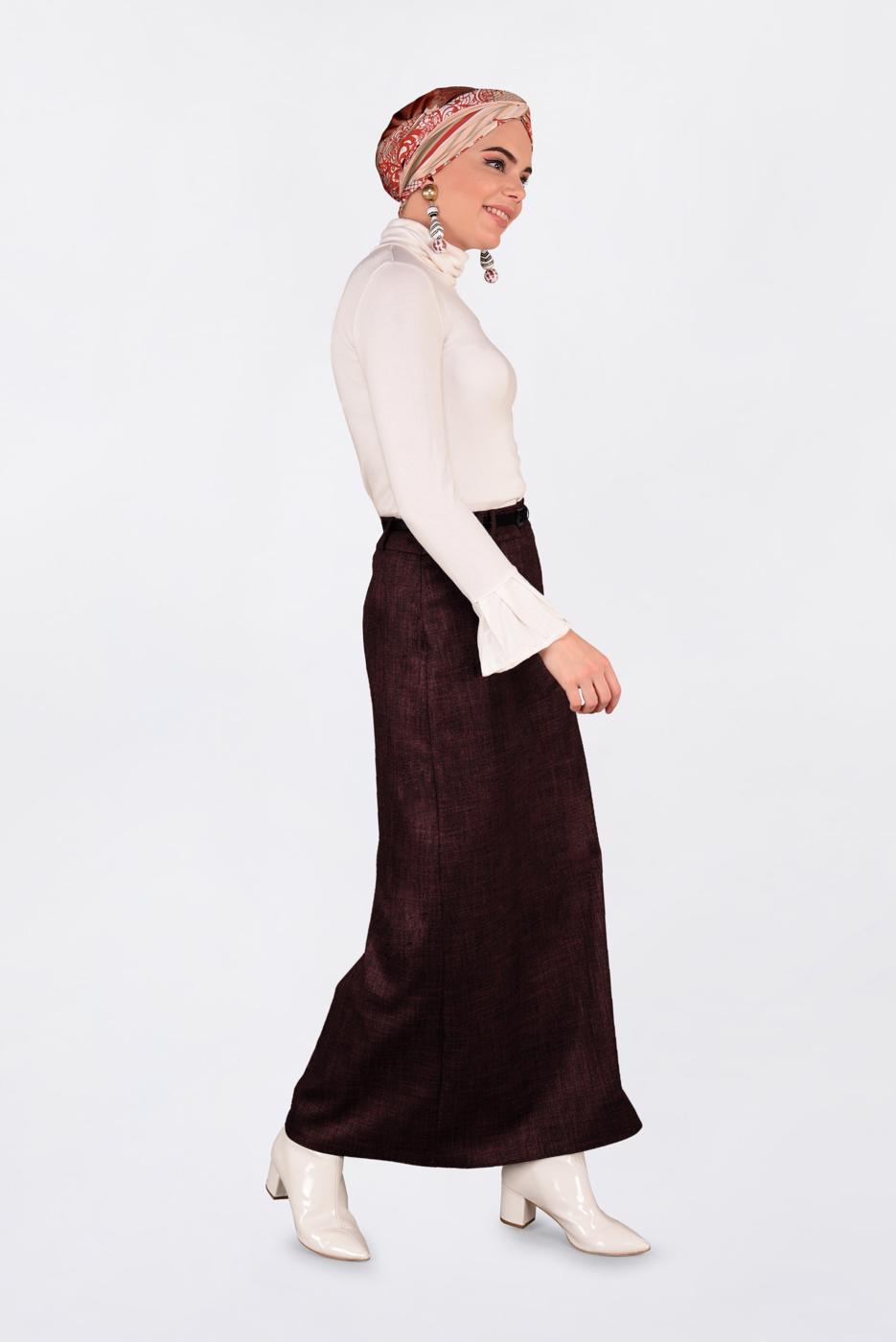 Tesettür giyim BORDO KEMERLİ GİZLİ YIRTMAÇLI ETEK 6255 