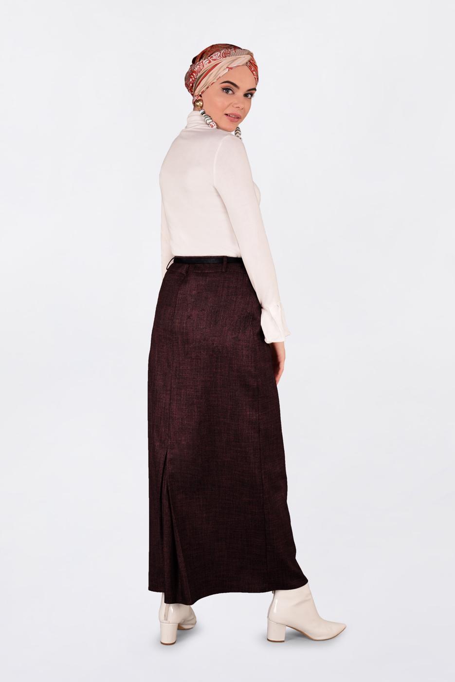 Tesettür giyim BORDO KEMERLİ GİZLİ YIRTMAÇLI ETEK 6255 