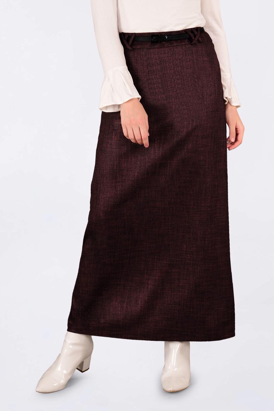 Tesettür giyim BORDO KEMERLİ GİZLİ YIRTMAÇLI ETEK 6255 