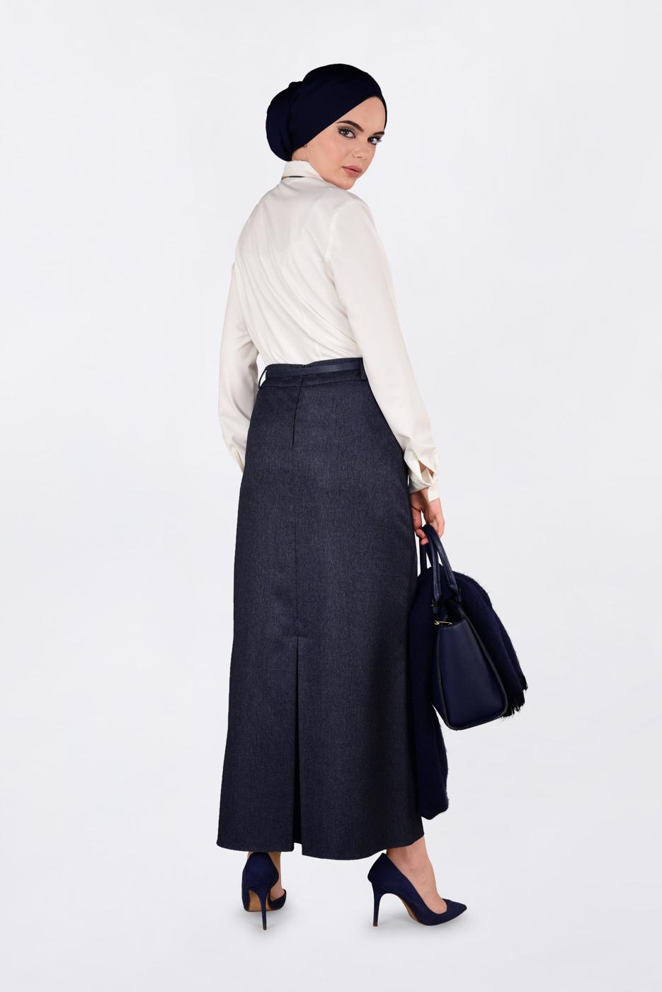 Tesettür giyim LACİVERT KEMERLİ GİZLİ YIRTMAÇLI ETEK 6255 
