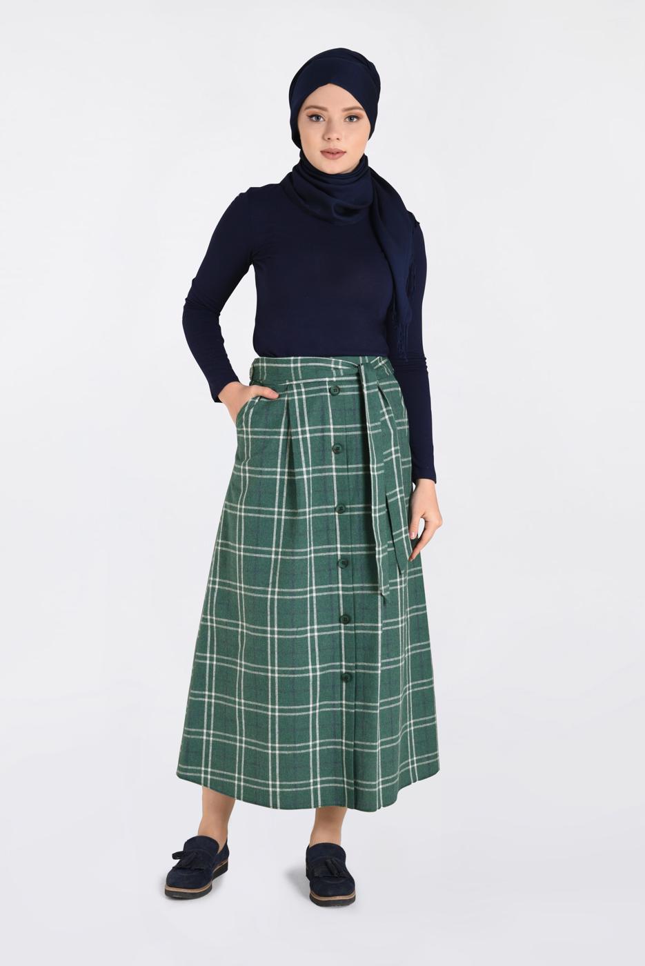 Tesettür giyim YEŞİL EKOSE DESENLİ BELDEN KUŞAKLI ETEK 6259