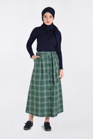 Tesettür giyim YEŞİL EKOSE DESENLİ BELDEN KUŞAKLI ETEK 6259