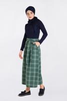 Tesettür giyim YEŞİL EKOSE DESENLİ BELDEN KUŞAKLI ETEK 6259