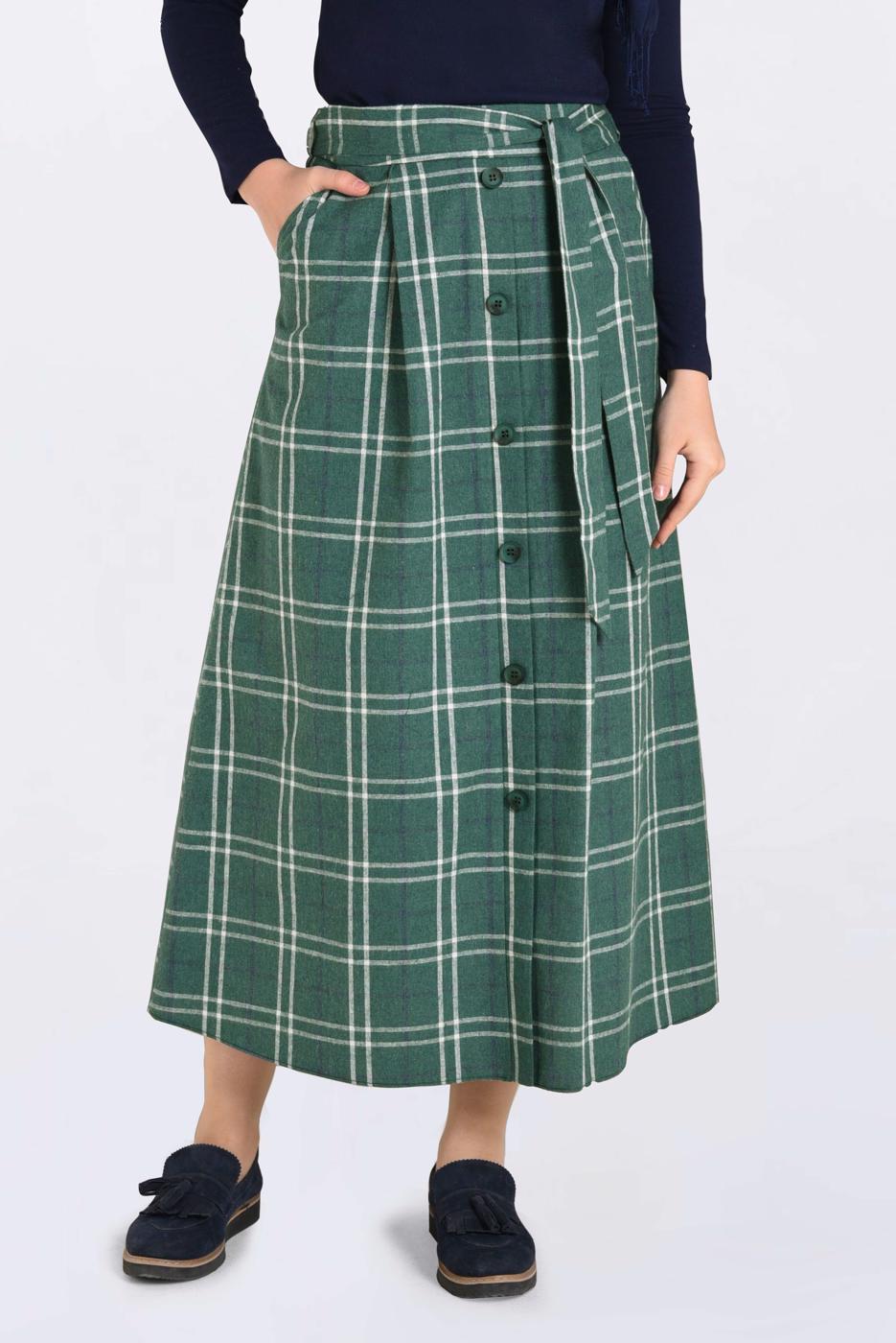 Tesettür giyim YEŞİL EKOSE DESENLİ BELDEN KUŞAKLI ETEK 6259