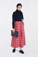 Tesettür giyim KIRMIZI EKOSE DESENLİ BELDEN KUŞAKLI ETEK 6259