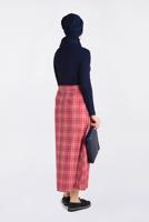 Tesettür giyim KIRMIZI EKOSE DESENLİ BELDEN KUŞAKLI ETEK 6259