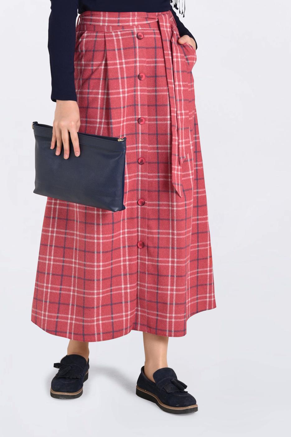 Tesettür giyim KIRMIZI EKOSE DESENLİ BELDEN KUŞAKLI ETEK 6259