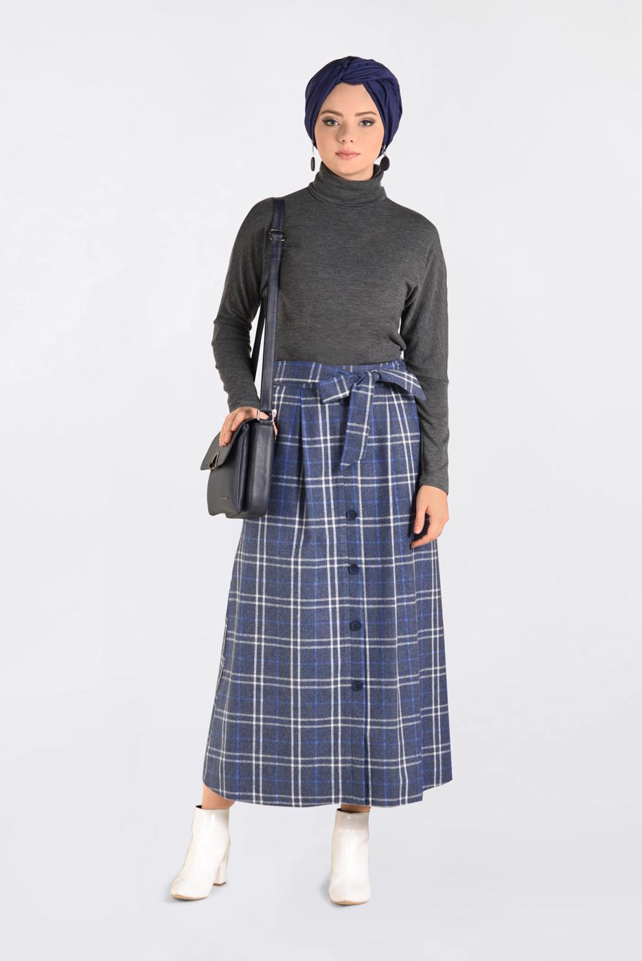 Hijab clothing NAVY BLUE PLAID BELTED SKIRT 6259 