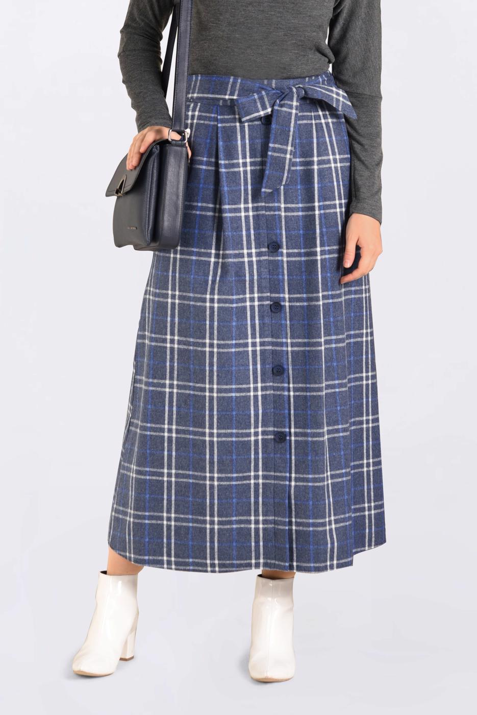 Hijab clothing NAVY BLUE PLAID BELTED SKIRT 6259 