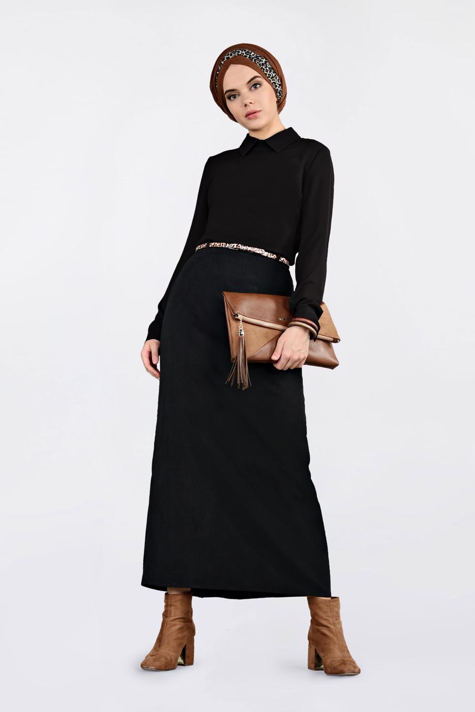 Tesettür giyim SİYAH DÜZ KESİM SÜET ETEK 6263