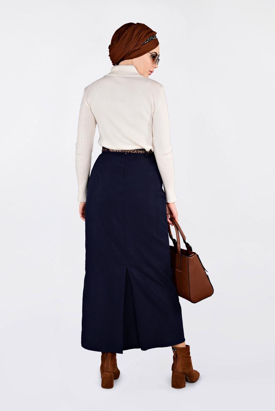 Tesettür giyim LACİVERT DÜZ KESİM SÜET ETEK 6263