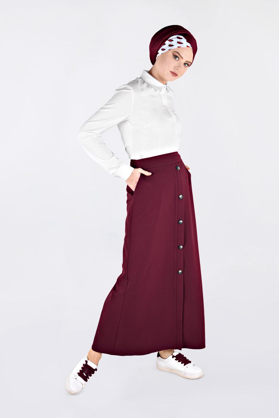 Tesettür giyim BORDO DÜĞME DETAYLI ETEK 6267