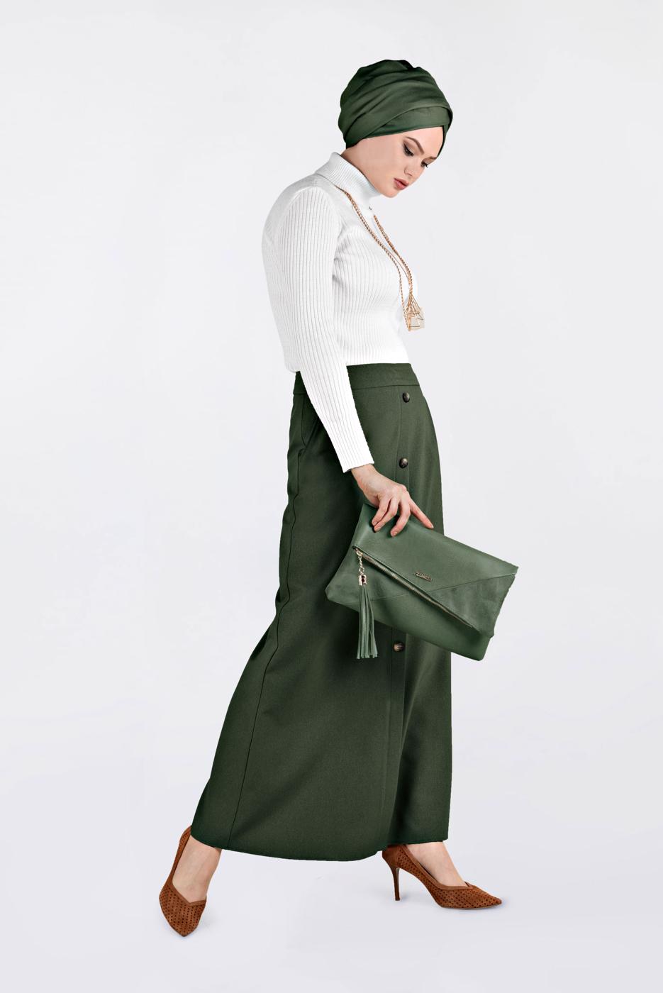 Tesettür giyim HAKİ DÜĞME DETAYLI ETEK 6267