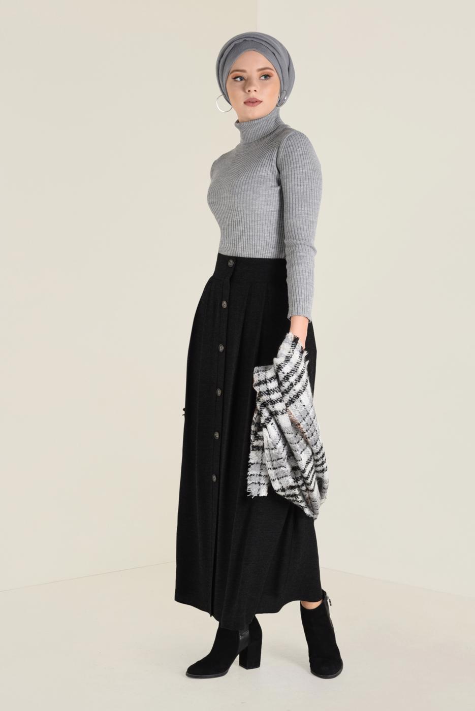 Tesettür giyim SİYAH BOYDAN DÜĞMELİ ETEK 6270 