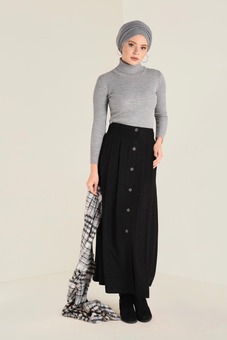 Tesettür giyim SİYAH BOYDAN DÜĞMELİ ETEK 6270 