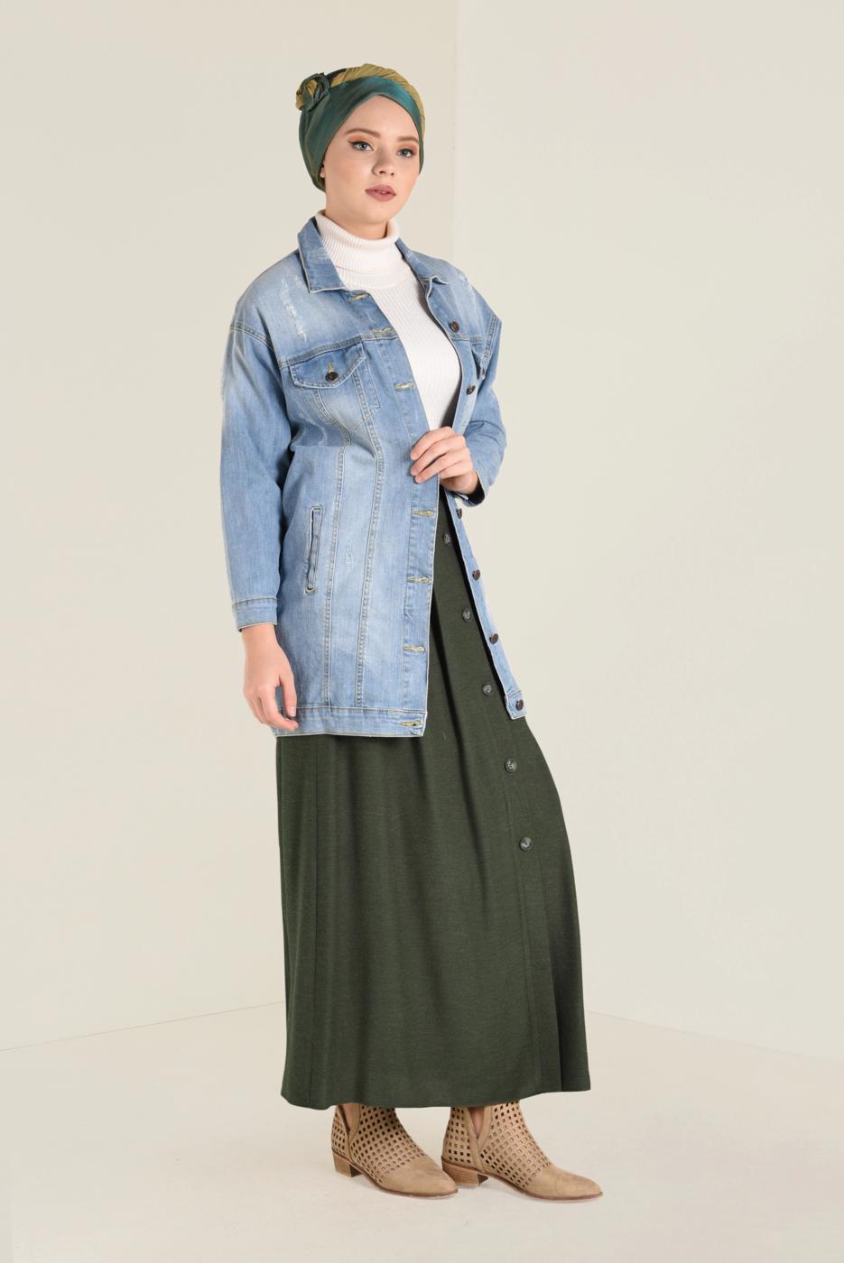 Tesettür giyim HAKİ BOYDAN DÜĞMELİ ETEK 6270 