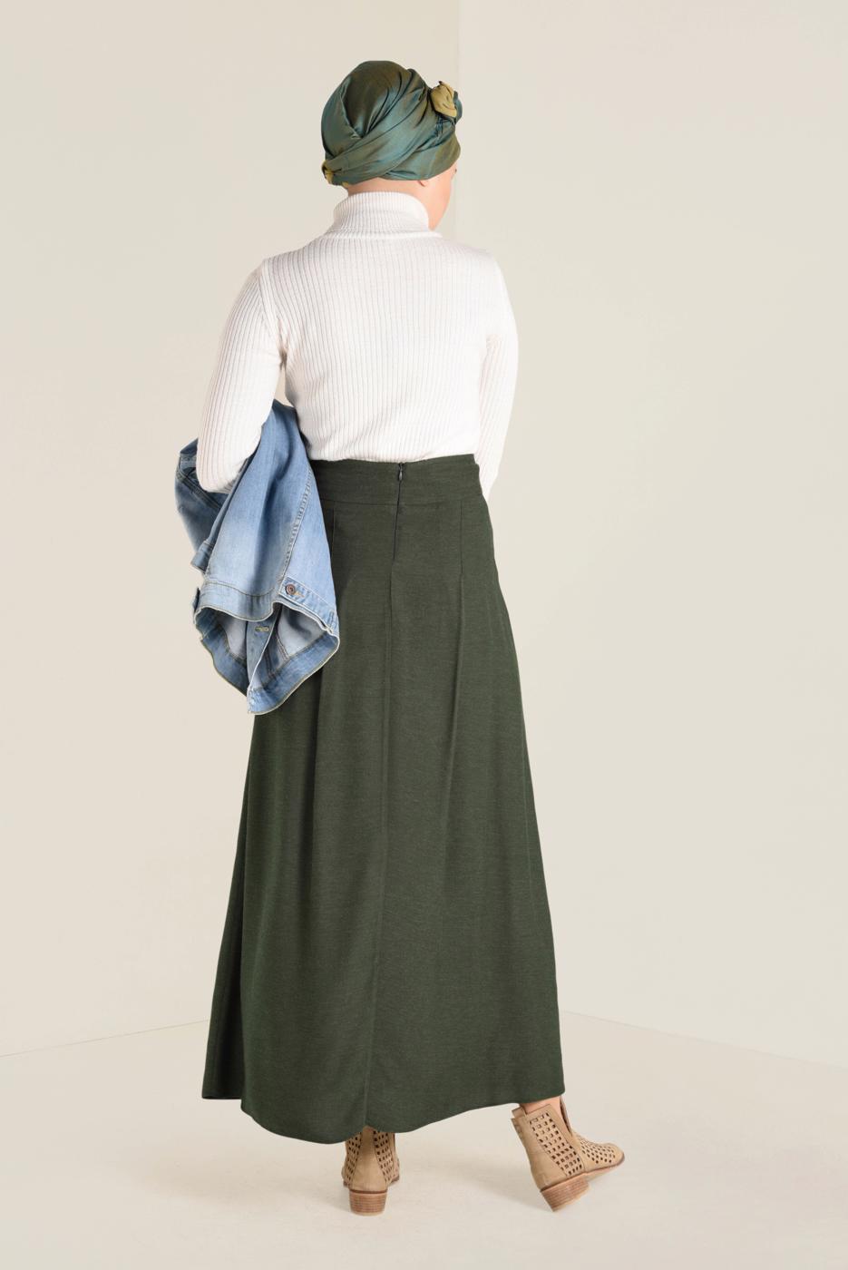 Tesettür giyim HAKİ BOYDAN DÜĞMELİ ETEK 6270 