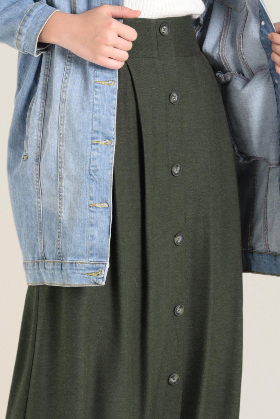 Tesettür giyim HAKİ BOYDAN DÜĞMELİ ETEK 6270 