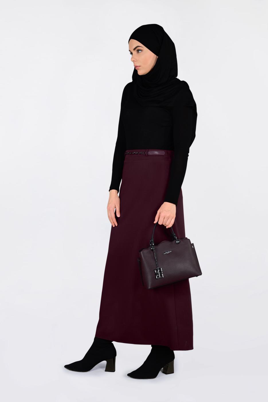 Tesettür giyim BORDO ZİNCİR DETAYLI KALEM ETEK 6273