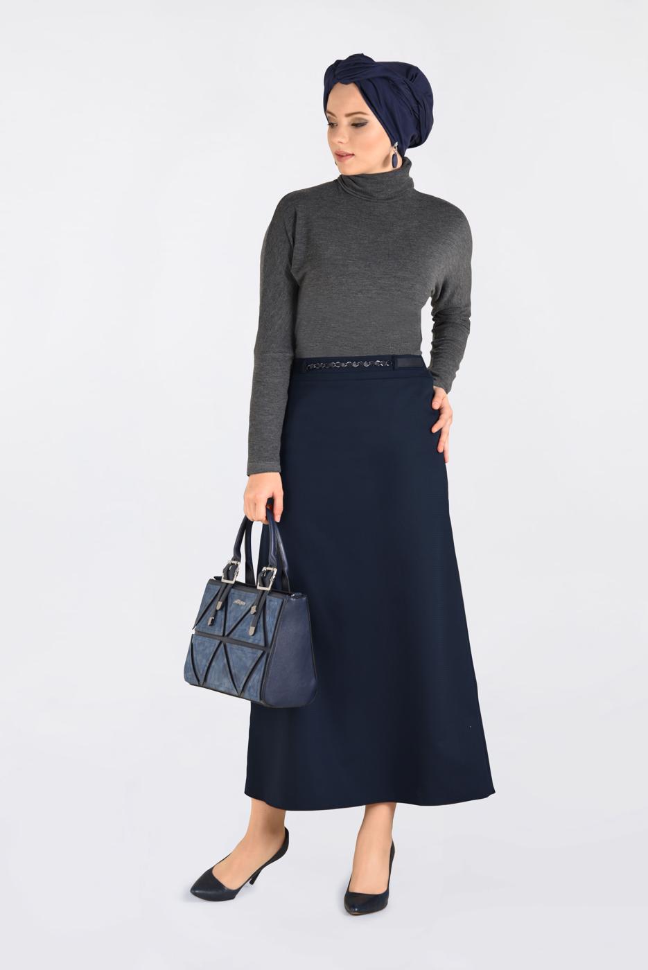 Tesettür giyim LACİVERT ZİNCİR DETAYLI KALEM ETEK 6273