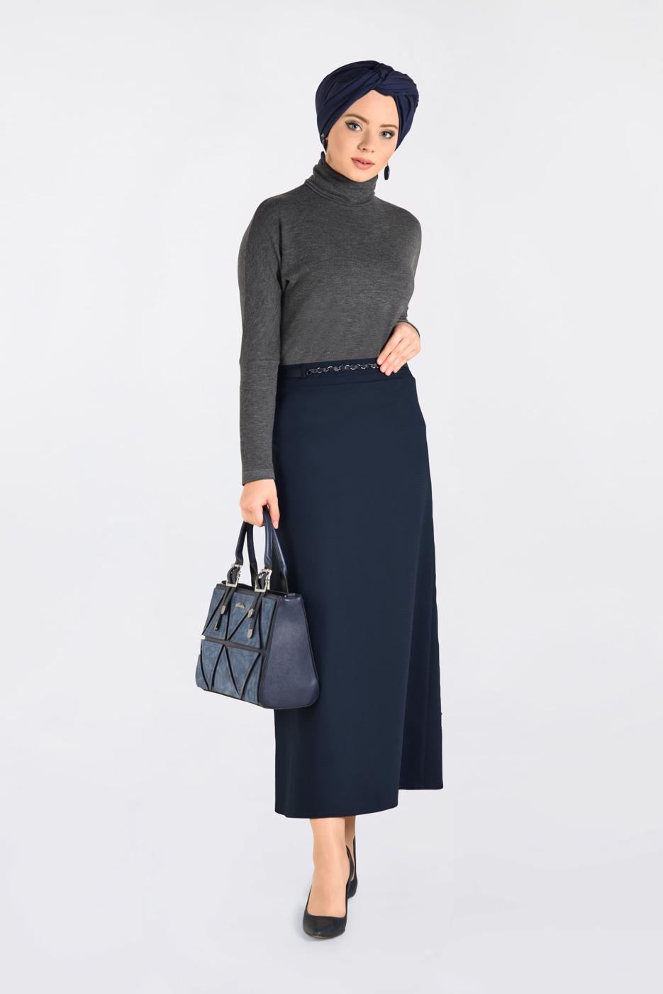 Tesettür giyim LACİVERT ZİNCİR DETAYLI KALEM ETEK 6273