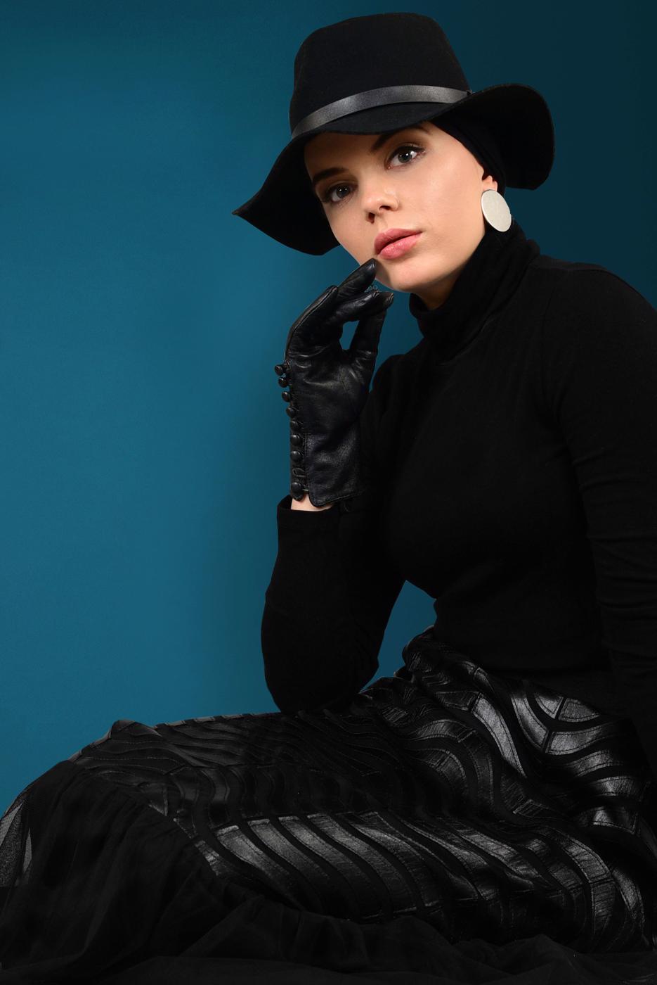 Tesettür giyim SİYAH DERİ DETAYLI TÜL ETEK 6275