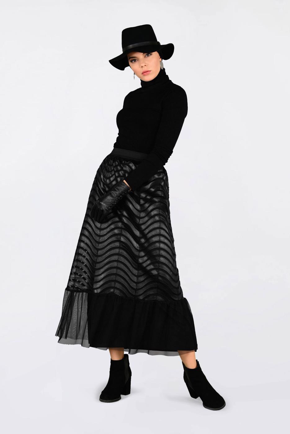 Tesettür giyim SİYAH DERİ DETAYLI TÜL ETEK 6275