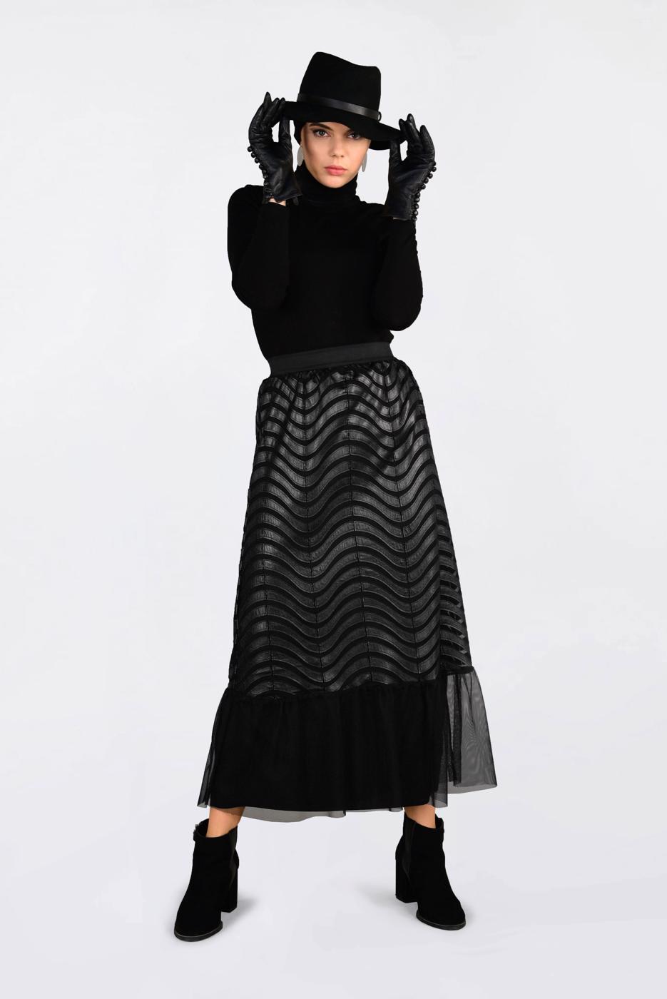 Tesettür giyim SİYAH DERİ DETAYLI TÜL ETEK 6275