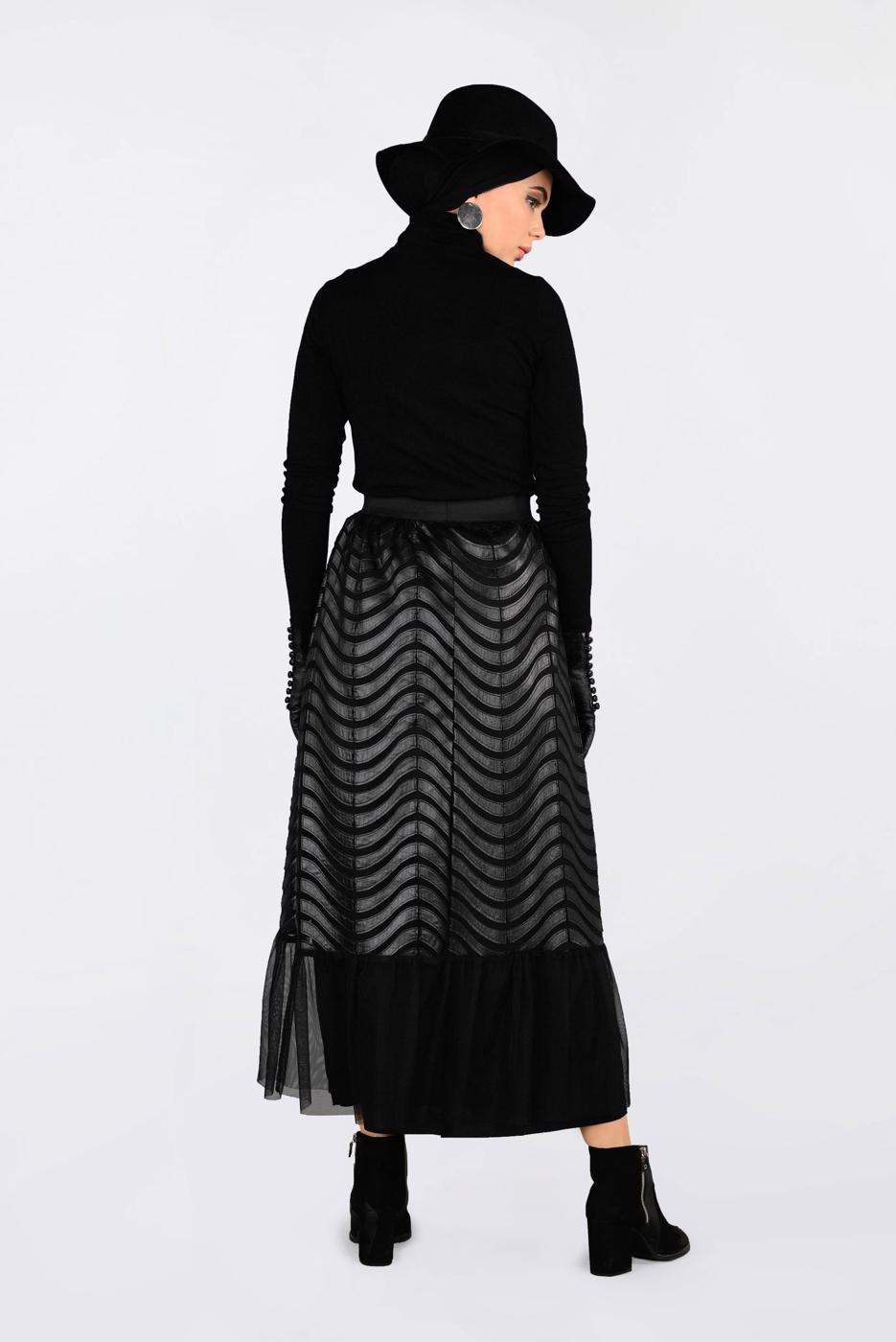 Tesettür giyim SİYAH DERİ DETAYLI TÜL ETEK 6275