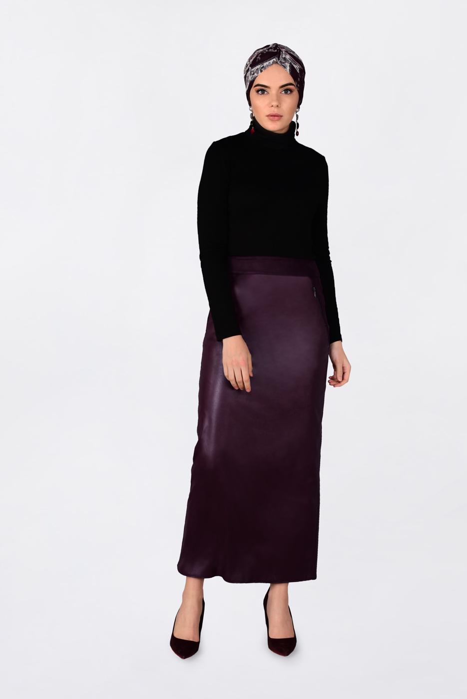 Tesettür giyim BORDO FERMUARLI DERİ ETEK 6279
