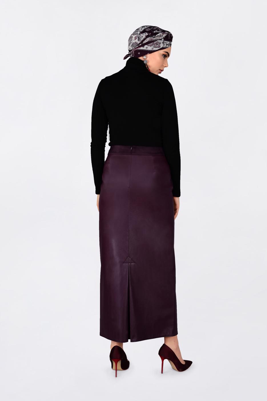 Tesettür giyim BORDO FERMUARLI DERİ ETEK 6279