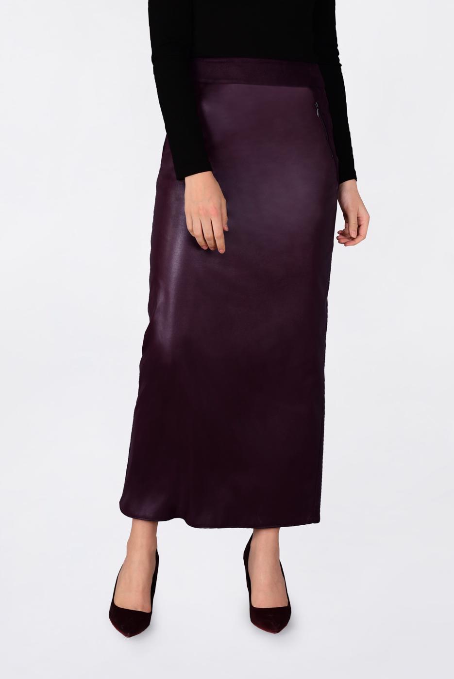 Tesettür giyim BORDO FERMUARLI DERİ ETEK 6279