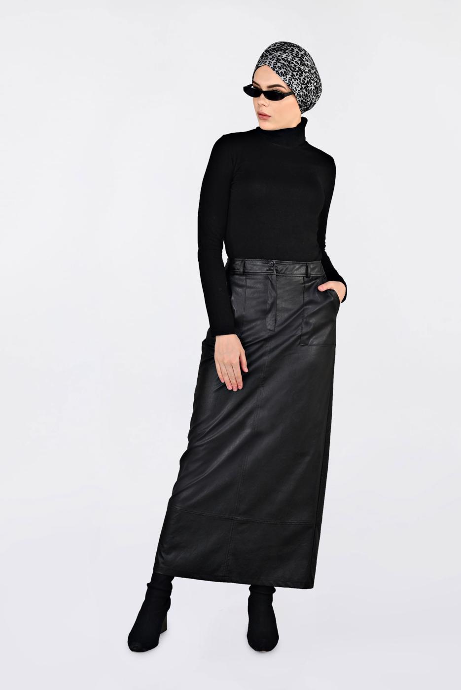 Tesettür giyim SİYAH CEPLİ SUNİ DERİ ETEK 6281