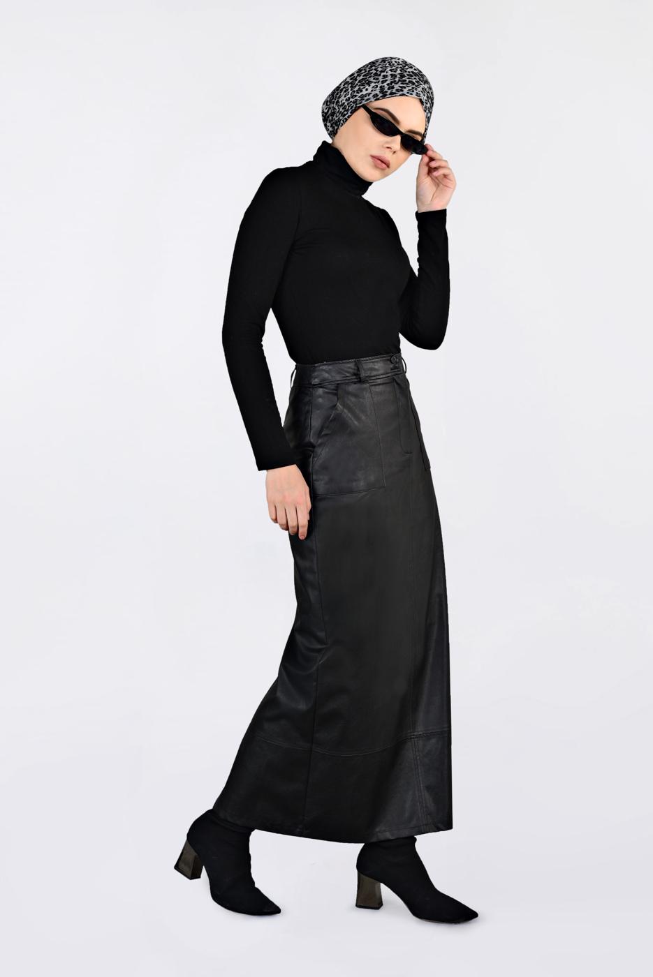 Tesettür giyim SİYAH CEPLİ SUNİ DERİ ETEK 6281