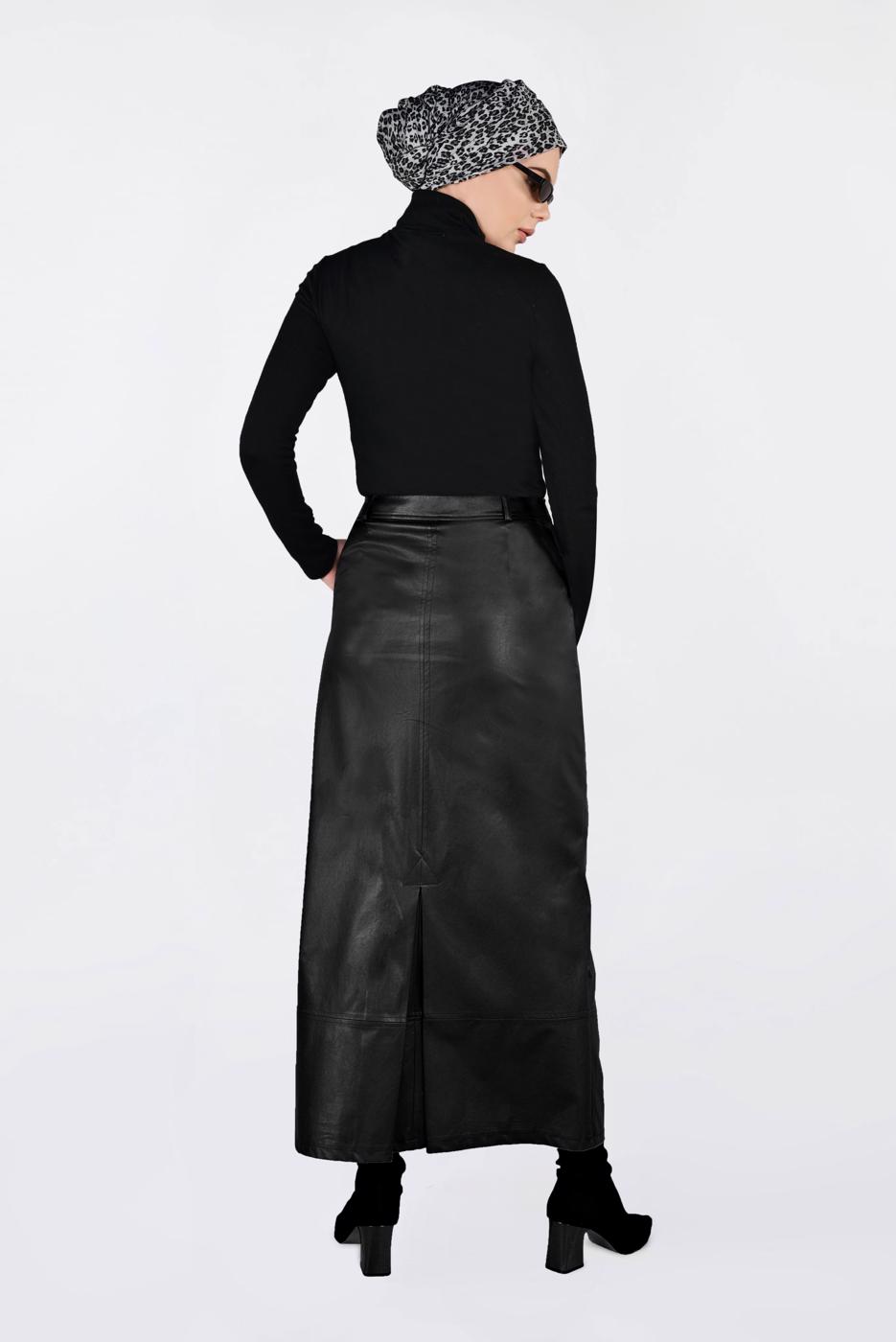 Tesettür giyim SİYAH CEPLİ SUNİ DERİ ETEK 6281