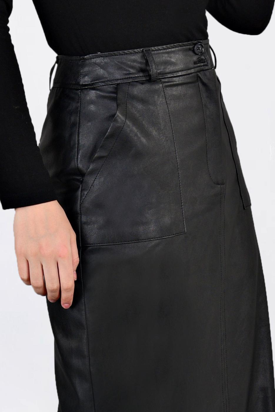 Tesettür giyim SİYAH CEPLİ SUNİ DERİ ETEK 6281