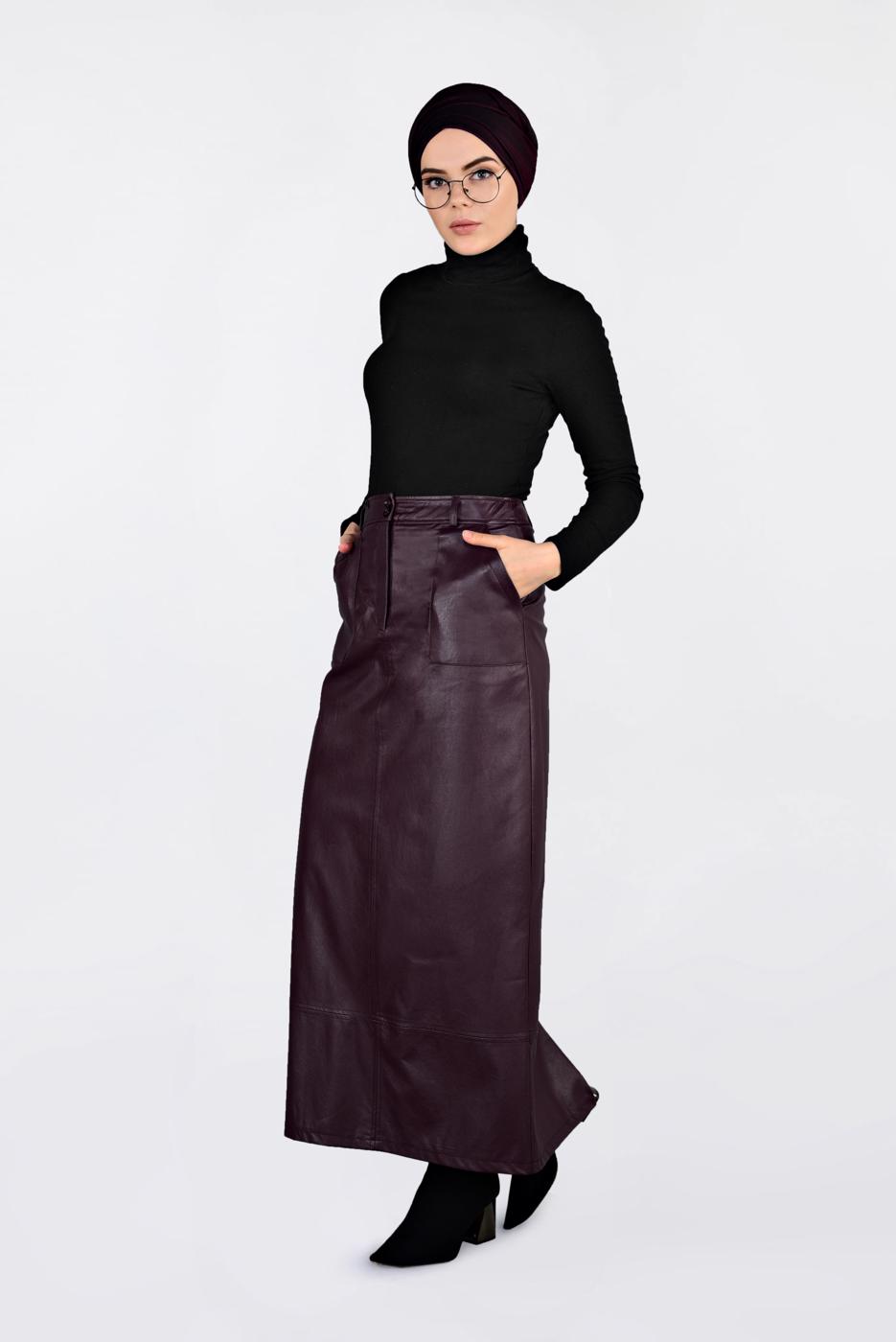 Tesettür giyim BORDO CEPLİ SUNİ DERİ ETEK 6281
