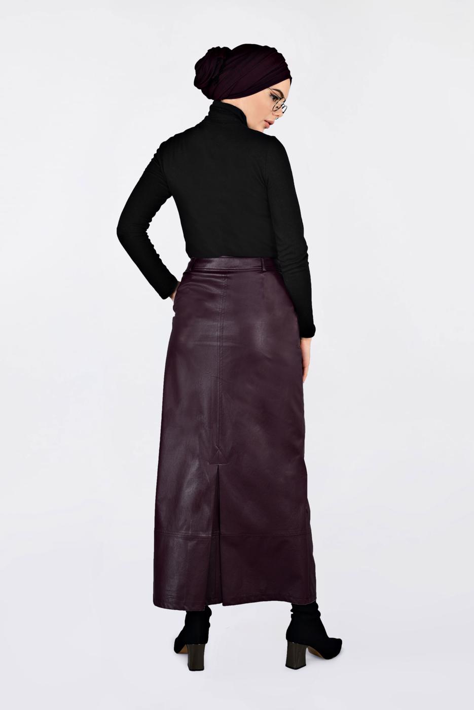 Tesettür giyim BORDO CEPLİ SUNİ DERİ ETEK 6281