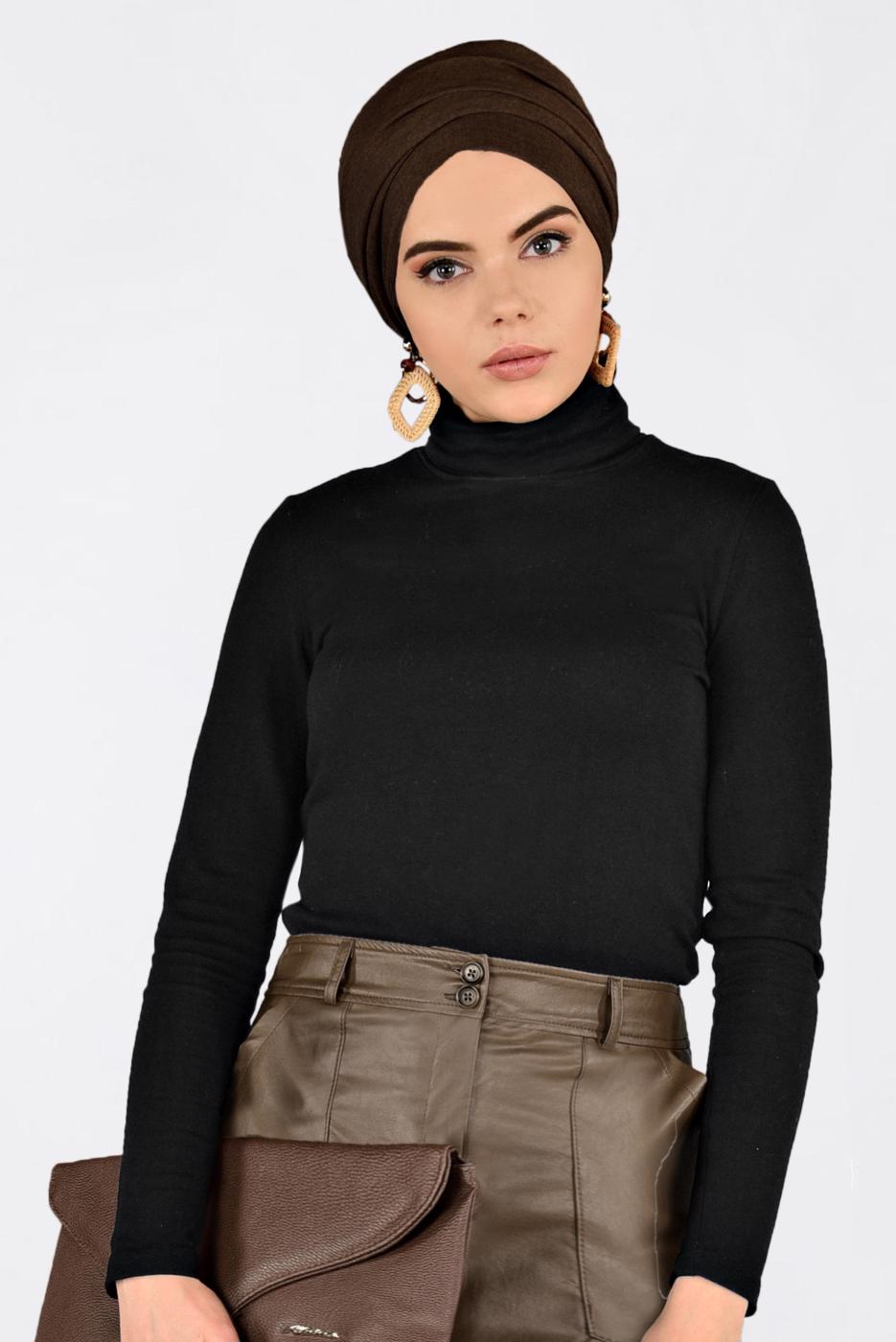 Tesettür giyim KAHVE CEPLİ SUNİ DERİ ETEK 6281