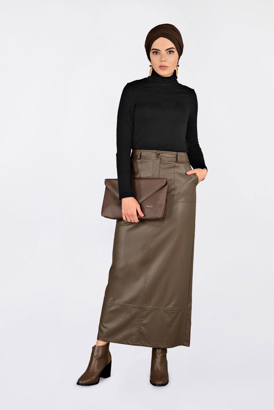 Tesettür giyim KAHVE CEPLİ SUNİ DERİ ETEK 6281