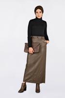 Tesettür giyim KAHVE CEPLİ SUNİ DERİ ETEK 6281