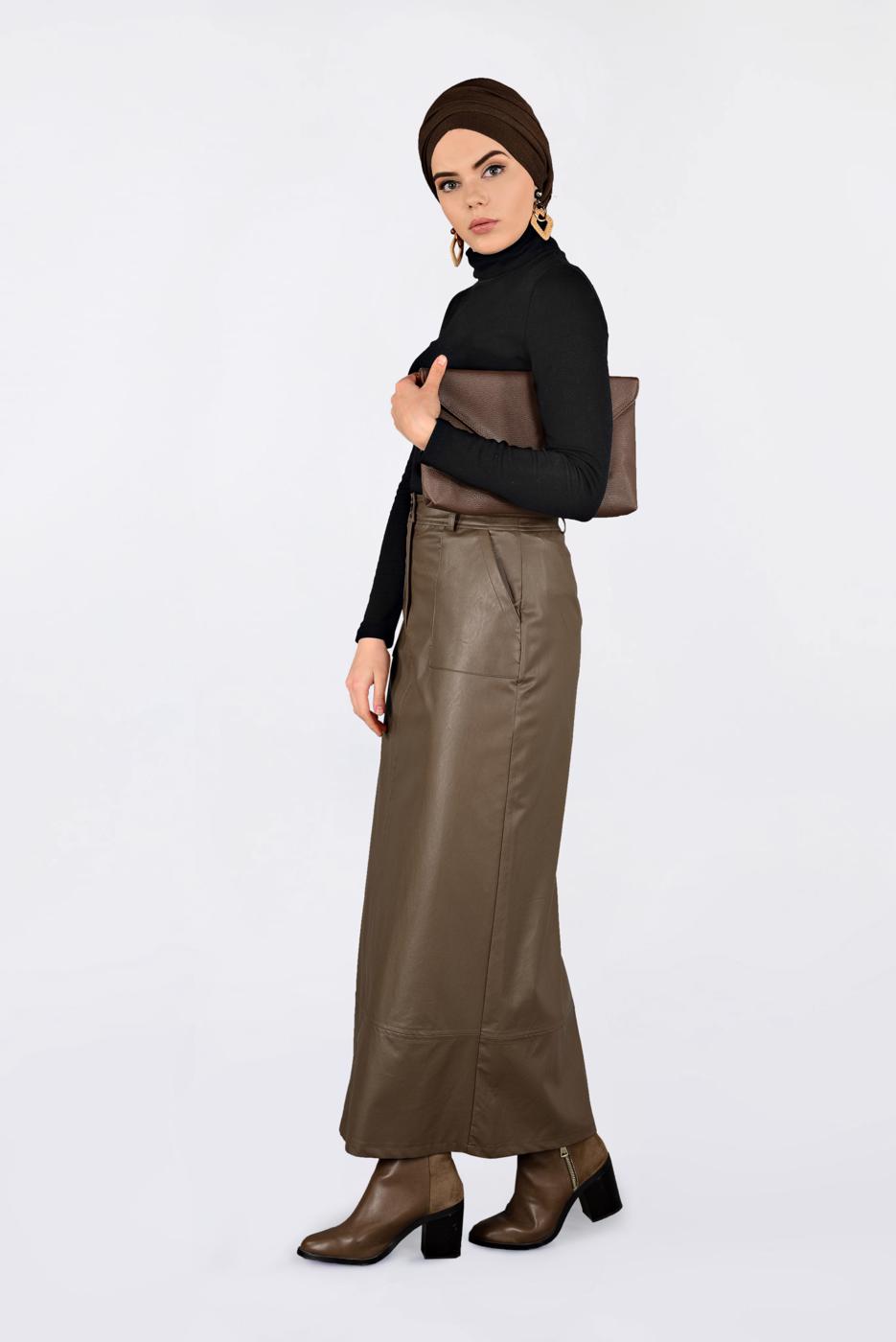 Tesettür giyim KAHVE CEPLİ SUNİ DERİ ETEK 6281