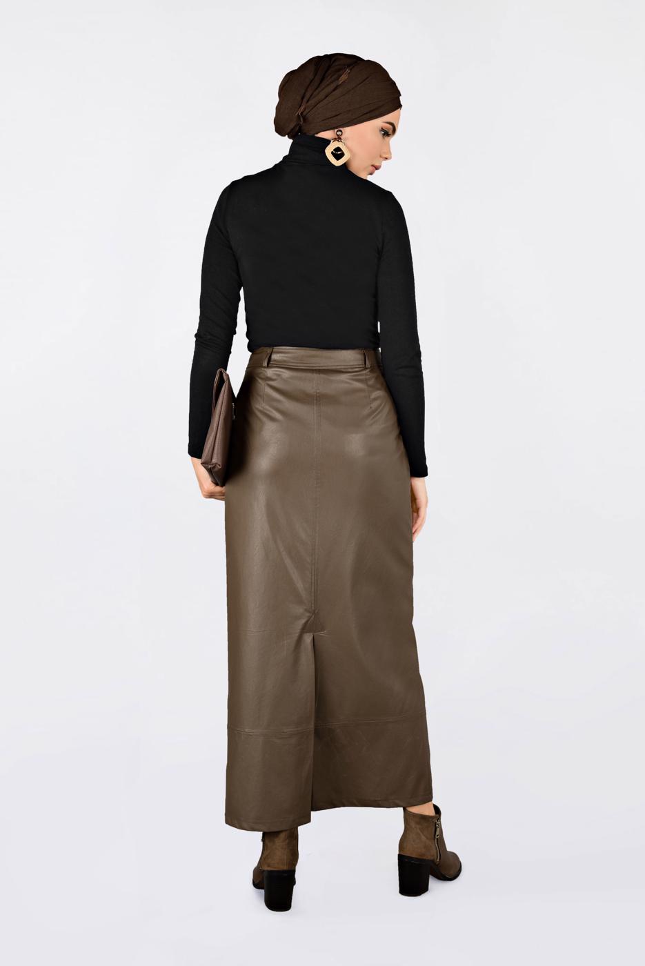 Tesettür giyim KAHVE CEPLİ SUNİ DERİ ETEK 6281