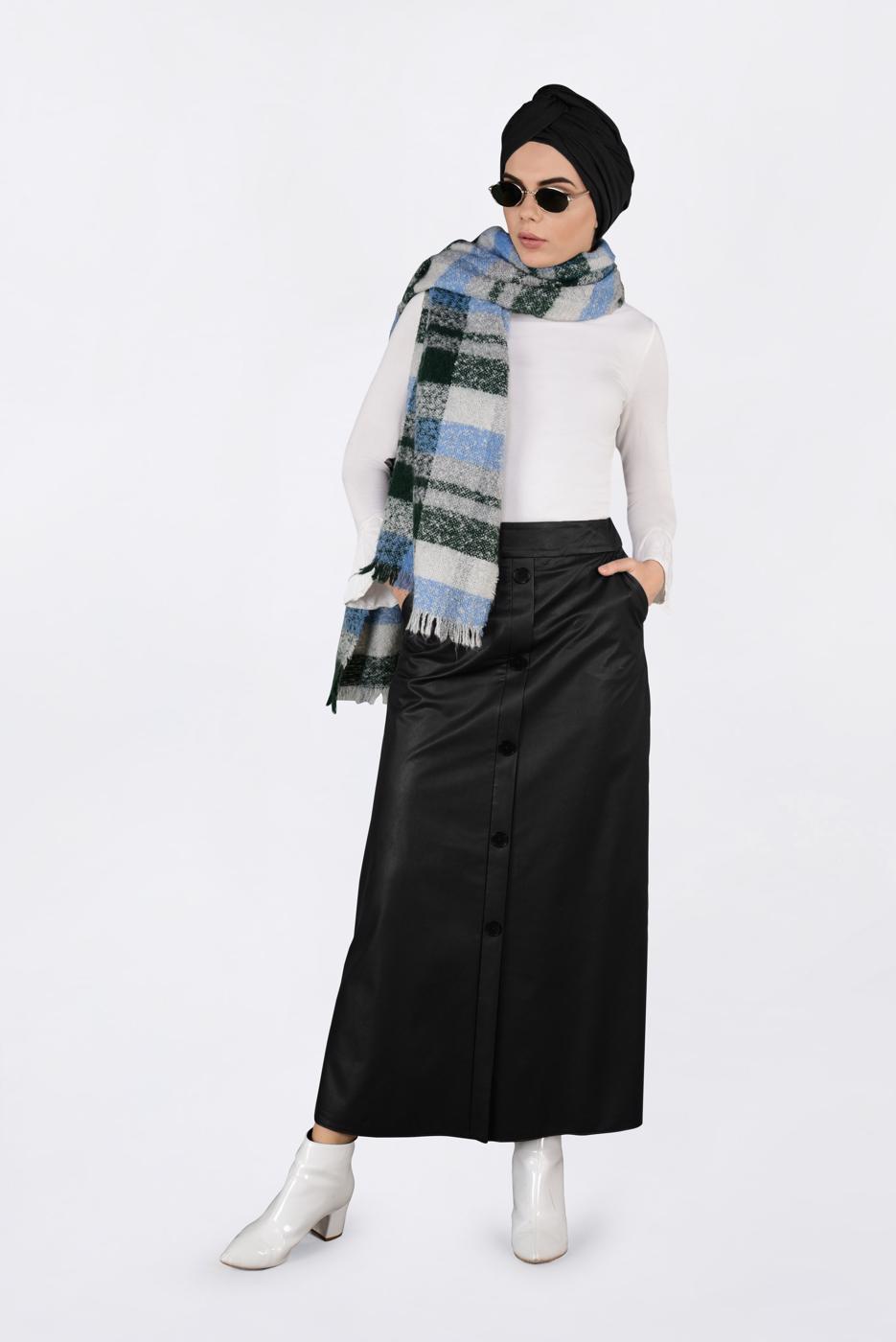 Tesettür giyim SİYAH DÜĞMELİ DERİ ETEK 6282